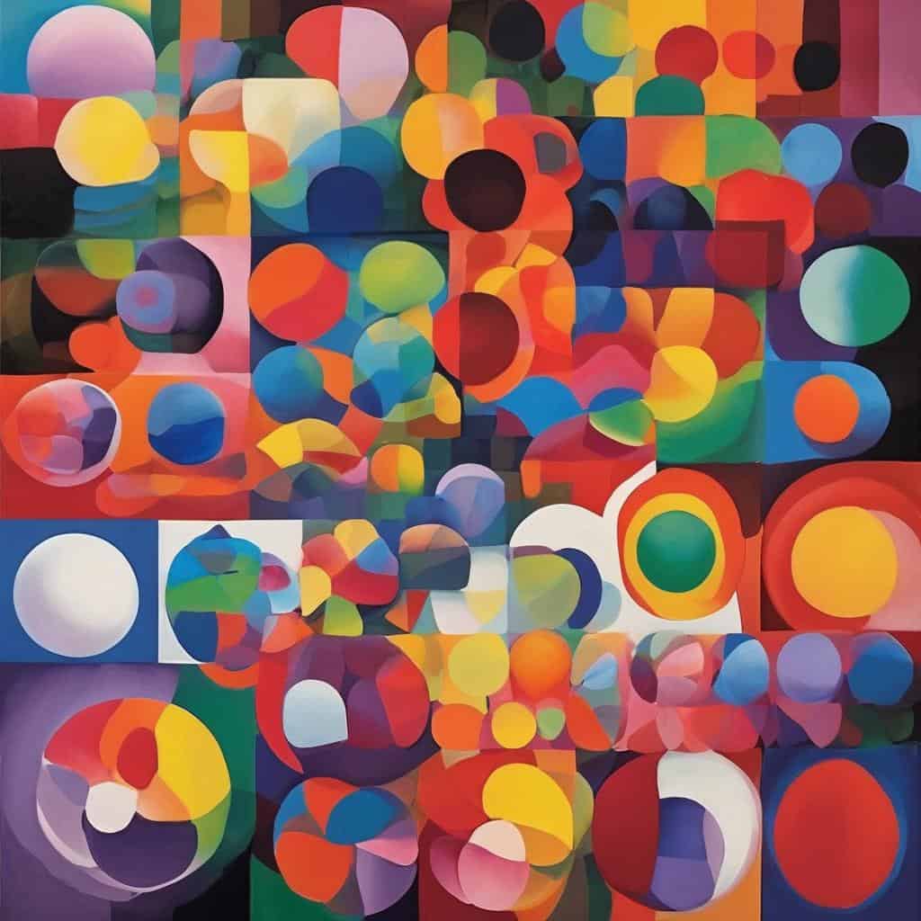 Ζωγραφική αφηρημένου στυλ με πολύχρωμους κύκλους και γεωμετρικά σχήματα, αναδεικνύοντας την τέχνη και τη δημιουργικότητα.
