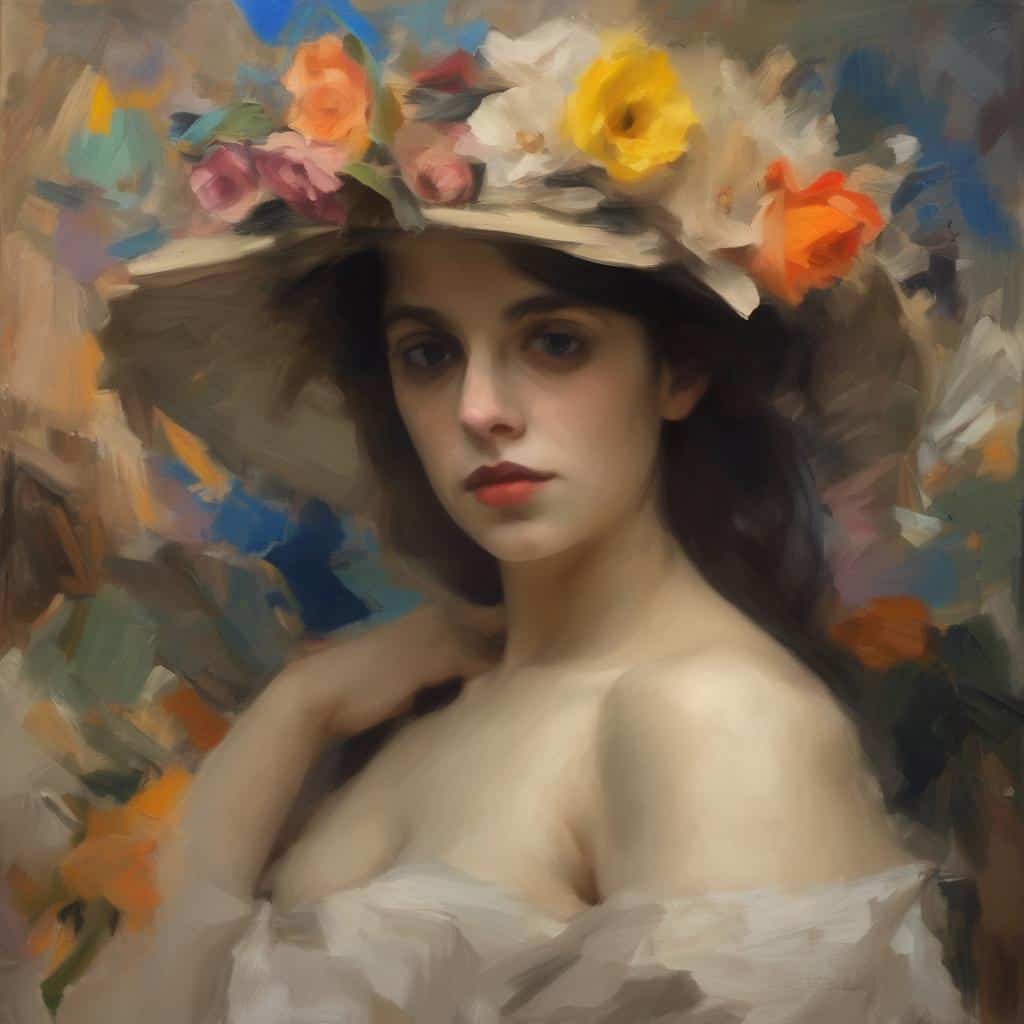 Γυναίκα με καπέλο Floral, πορτρέτο γυναίκας, τέχνη στον κινηματογράφο και γυναικεία ομορφιά.