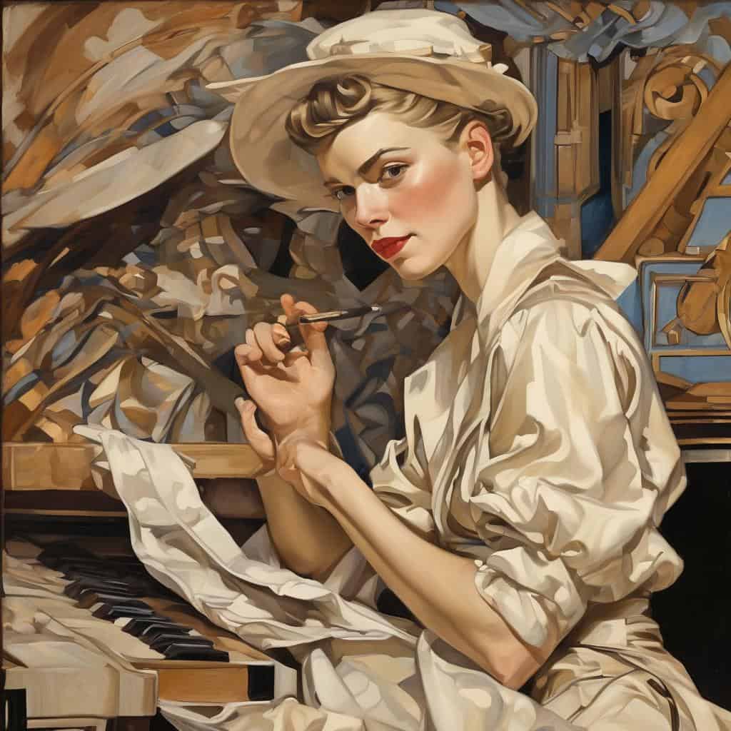 Αγ mujer με καπέλο και πινέλο στη ζωγραφική, γυναικεία δημιουργικότητα στον κινηματογράφο και την τέχνη.