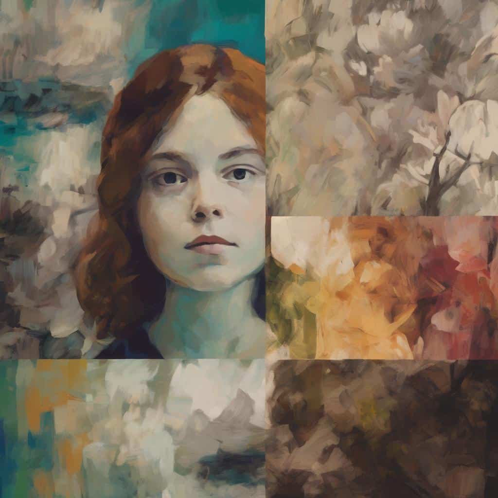 Όμορφη γυναίκα από τον κινηματογράφο, τέχνη και σκηνοθεσία, πορτρέτο σε ζωγραφική υφή με αφηγηματική διάθεση.