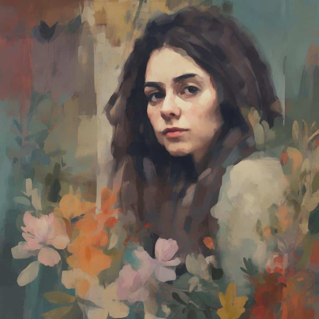 Άνθρωπος με μακριά σγουρά μαλλιά σε πορτρέτο με φόντο από λουλούδια και φυσικά στοιχεία.