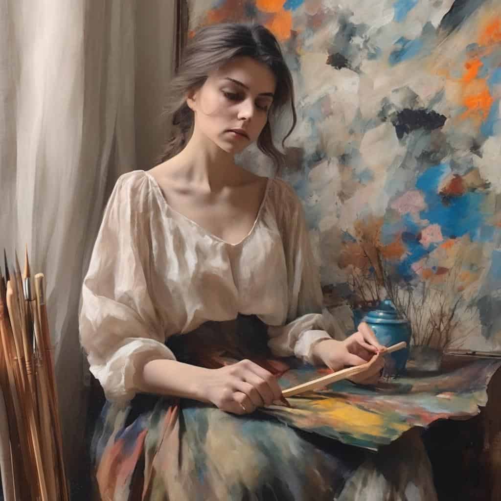 Γυναίκα ζωγραφίζει στον καμβά σε εσωτερικό χώρο, εμπνευσμένη από τέχνη και δημιουργικότητα.