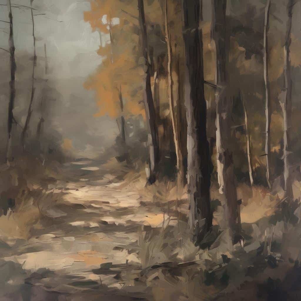 ρεαλιστικό τοπίο φθινοπωρινό δάσος με μονοπάτι και ψηλά δέντρα, ζωγραφική τέχνη, γυναικείες ταινίες κινηματογράφου, σκηνοθεσία, τέχνη, γυναικείο κινηματογράφο, τέχνη και δημιουργία.