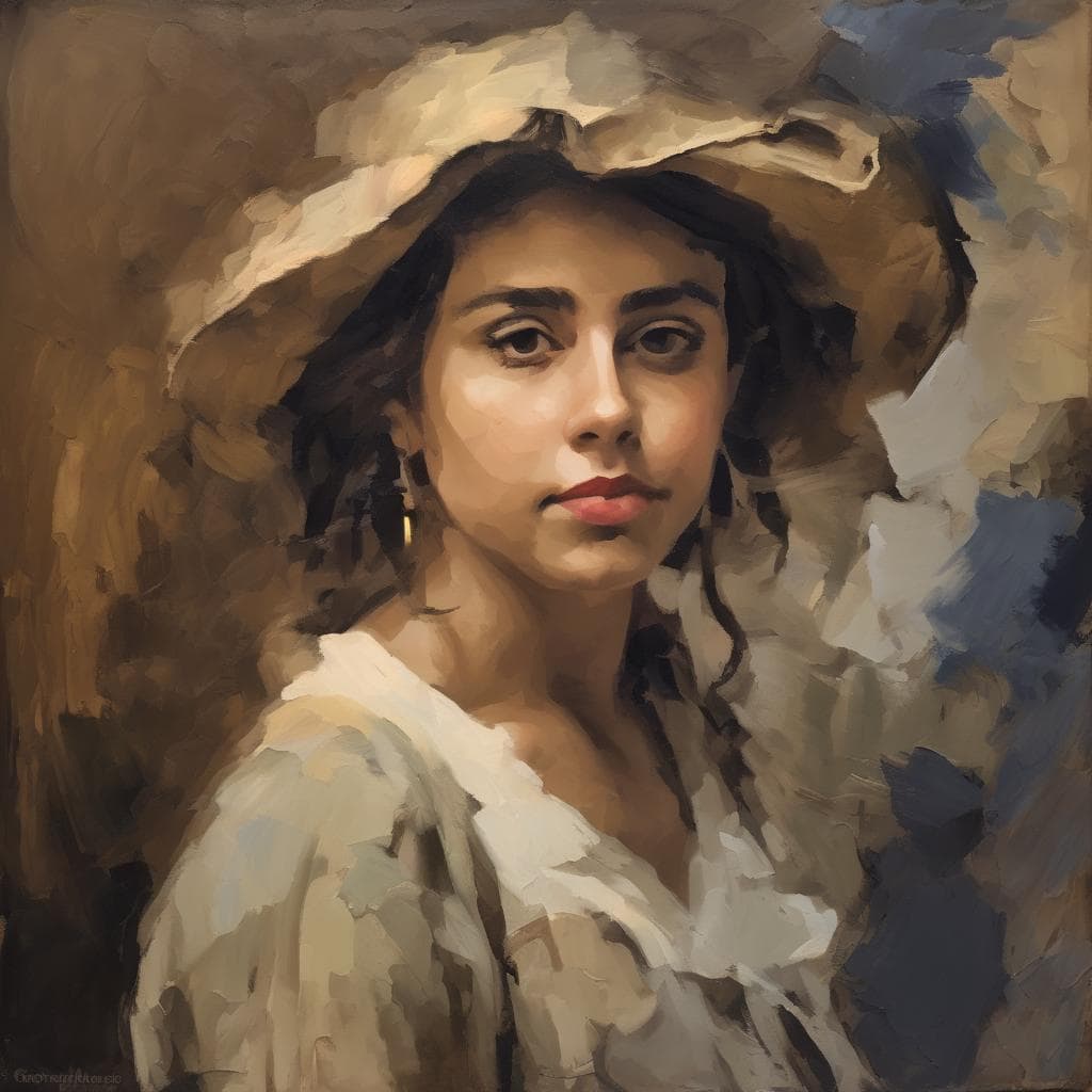 Γυναίκα με καπέλο σε πορτρέτο με καλλιτεχνικό στυλ, επικεντρωμένο στη μορφή και τις εκφράσεις.